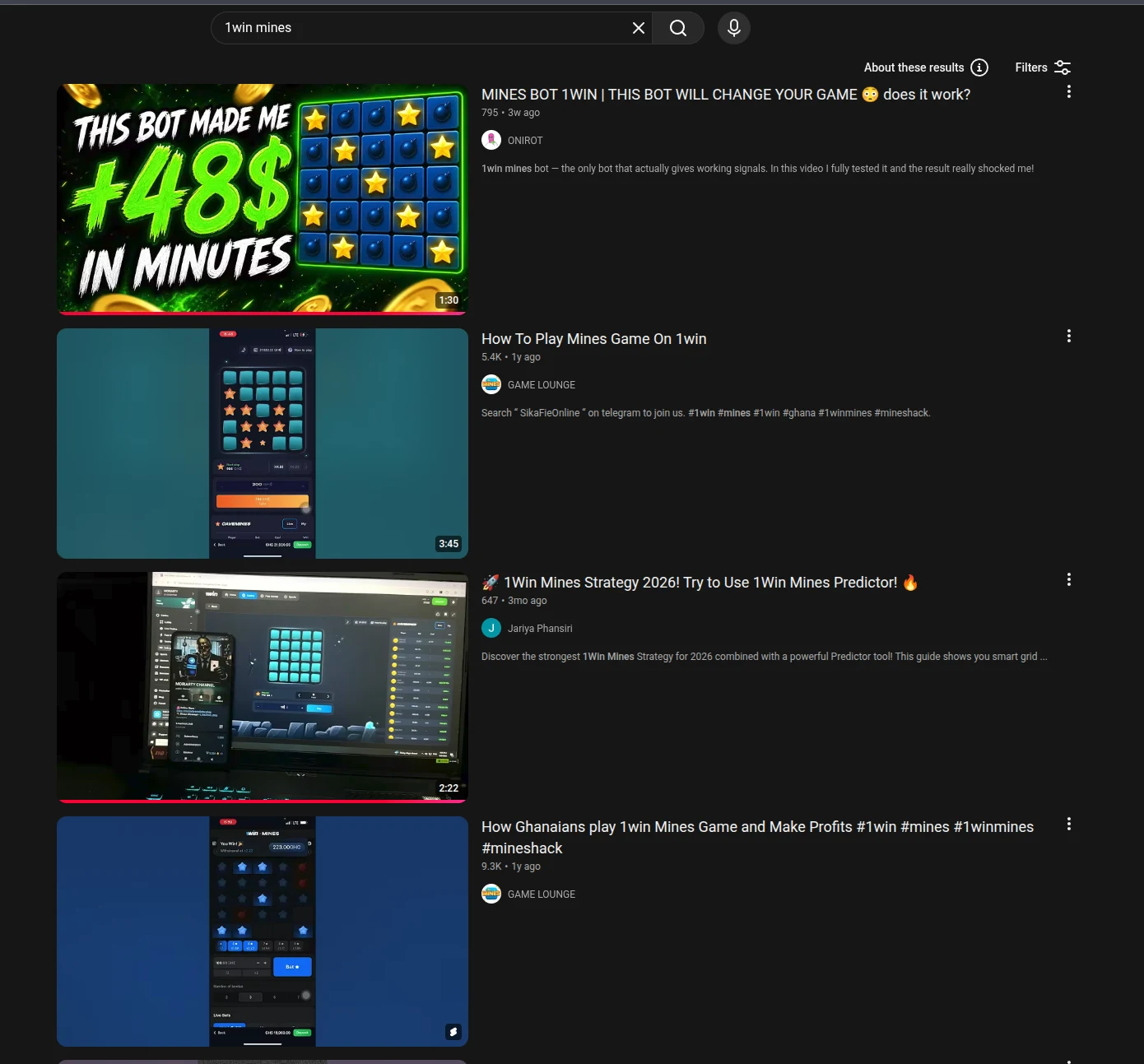 YouTube search results for 1win mines with videos about a bot, how to play, and a predictor