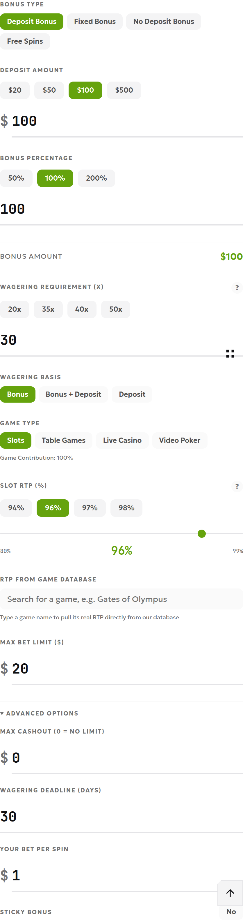 English calculator inputs showing a 100 USD deposit, 100% bonus, 30× bonus-only wagering, 100% game contribution and assumed 96% RTP