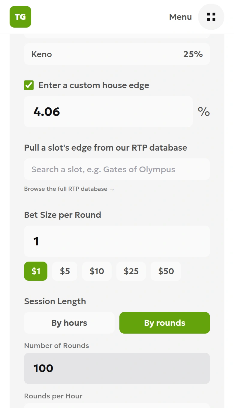 Local English house edge calculator input: custom house edge 4.06%, a $1 bet and 100 rounds