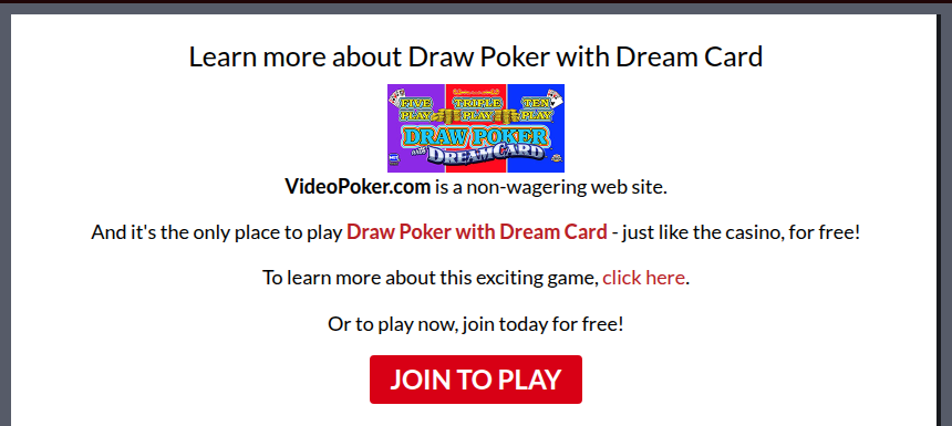 Публичная страница Draw Poker with Dream Card на VideoPoker.com с приглашением получить доступ к демо