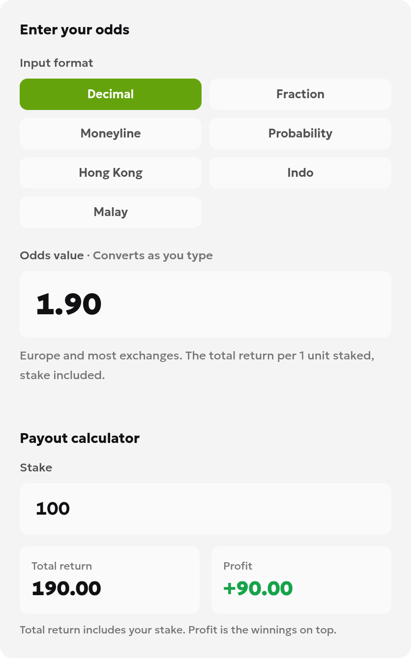 Local ToolsGambling odds converter showing odds of 1.90, a stake of 100, total return of 190.00 and profit of 90.00