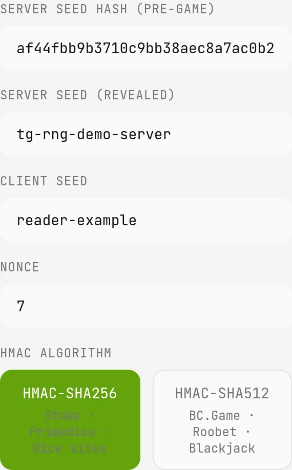 Inline verifier fields filled with the synthetic commitment hash, server seed, client seed and nonce 7