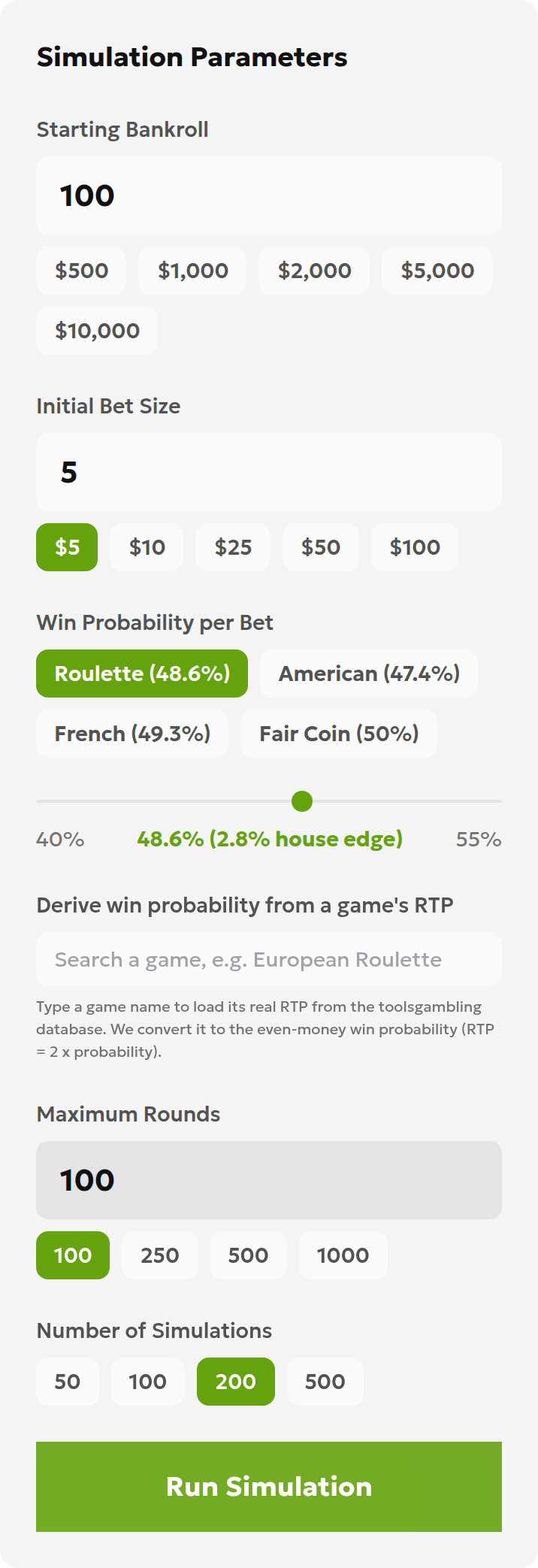 Martingale simulator inputs for a bankroll of 100 and a base bet of 5