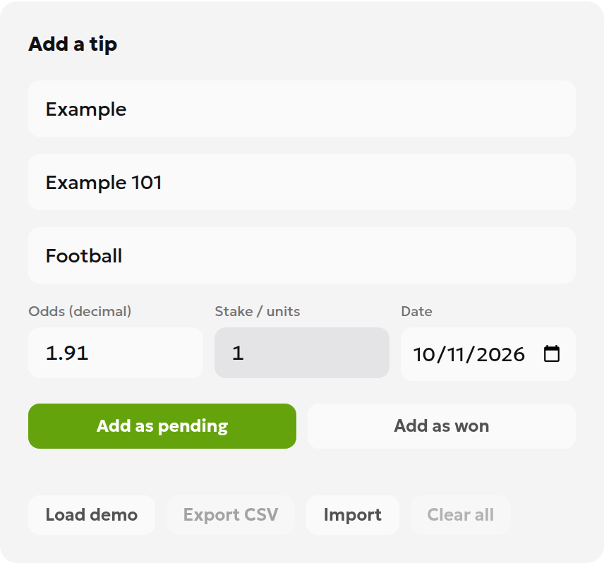 English tracker form showing Example 101 with decimal odds of 1.91 and a stake of 1 unit