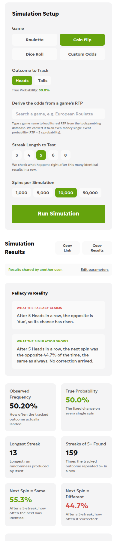 Coin-flip simulator controls showing heads, streak 5, and 10,000 trials.