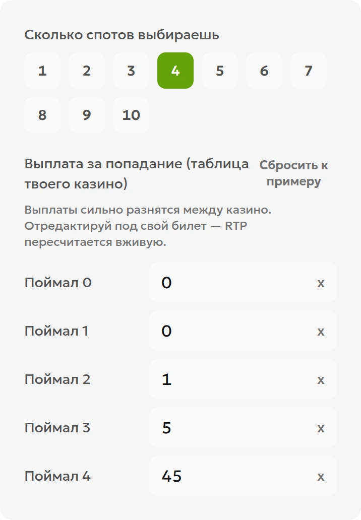 Русскоязычный калькулятор кено: четыре числа и выплаты 0, 0, 1, 5, 45 за соответствующее количество совпадений