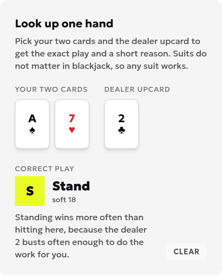 Blackjack calculator showing A-7 against dealer 2, identified as soft 18 with the recommendation Stand
