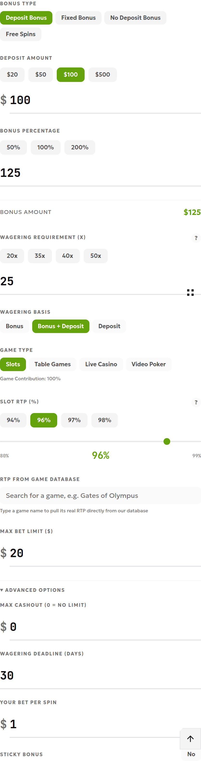 English calculator inputs with deposit 100, bonus 125% and wagering multiplier 25