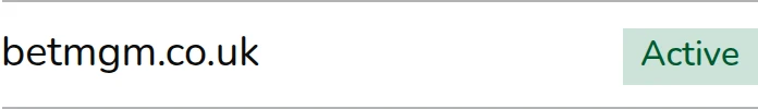 The betmgm.co.uk row marked Active in the UKGC Domain names section for account 39198