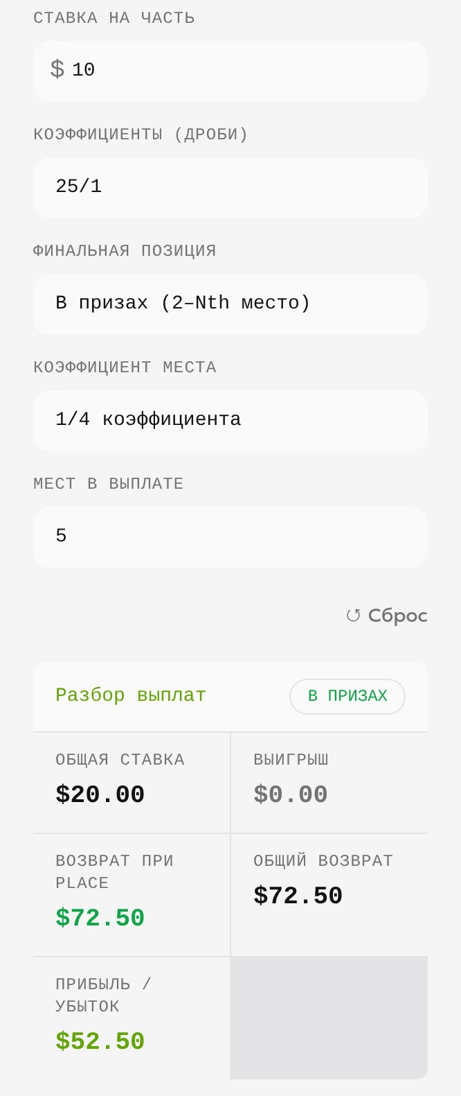 Локальный русскоязычный калькулятор: ставка на каждую часть 10, коэффициент 25/1, исход «В призах (2–Nth место)», доля места 1/4, пять оплачиваемых мест; общая ставка 20, выплата 72.50 и чистая прибыль 52.50