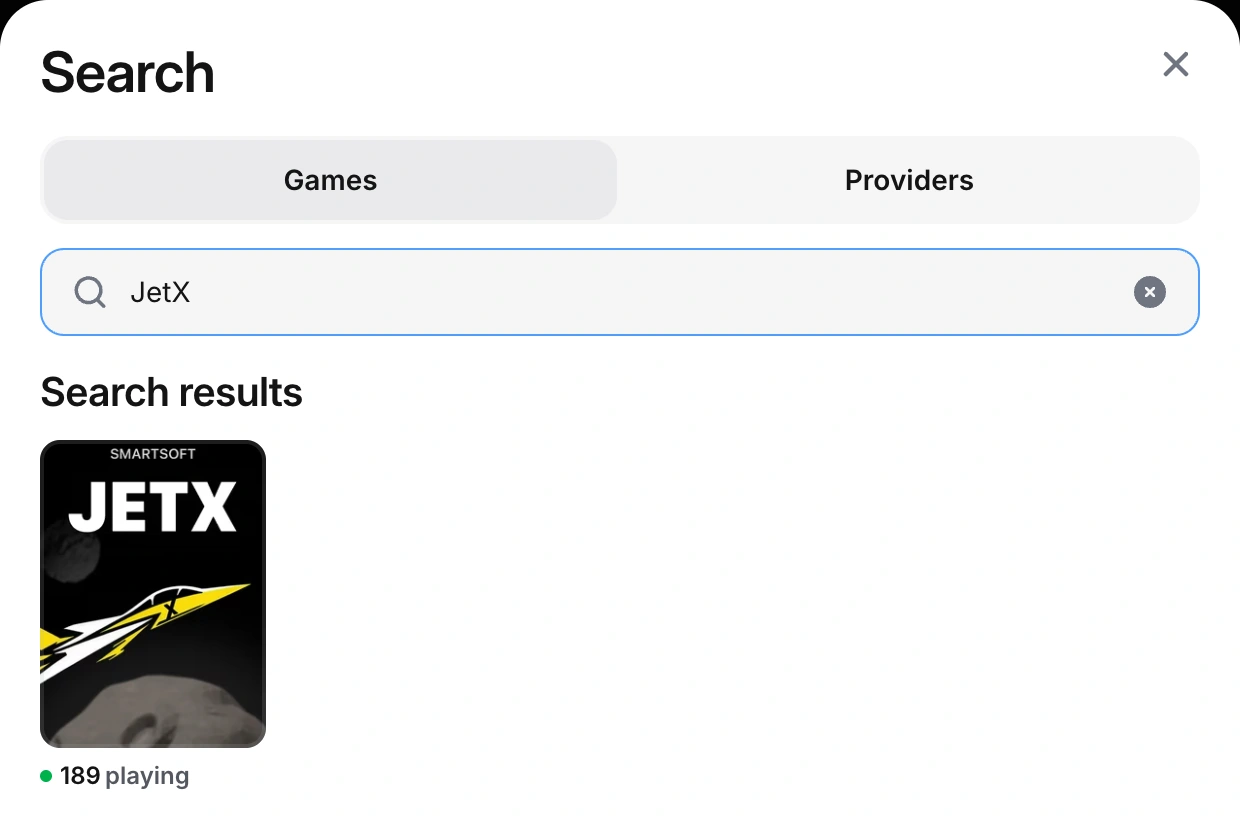 Searching for the original SmartSoft JetX game card in the 1win casino