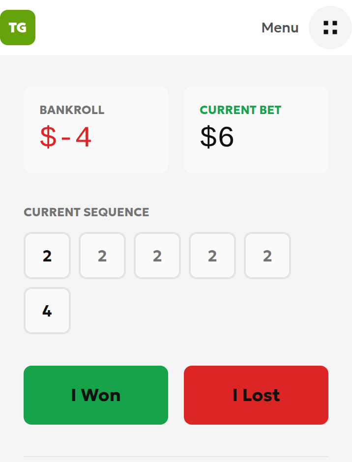 English calculator after a recorded loss, showing five 2s followed by 4, a 6 next stake and −4 in the Bankroll tile