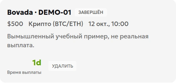 Результат вымышленной записи в локальном журнале: время выплаты 1d, то есть 24 часа
