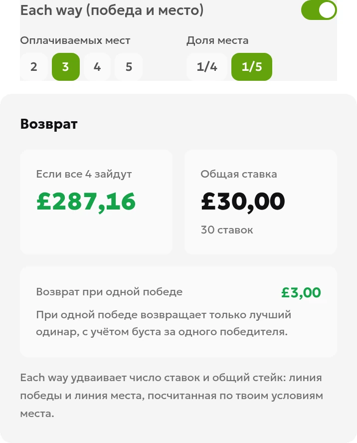 Соединённые фрагменты русскоязычного калькулятора: условия места 1/5 и три оплачиваемых места, потенциальная выплата 287.16 и общая сумма ставок 30