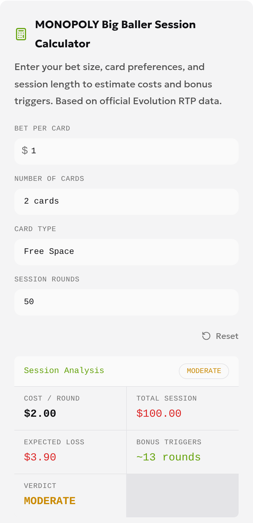 Local calculator with bet per card 1, two Free Space cards and 50 rounds, showing 2 per round, 100 turnover and 3.90 expected loss