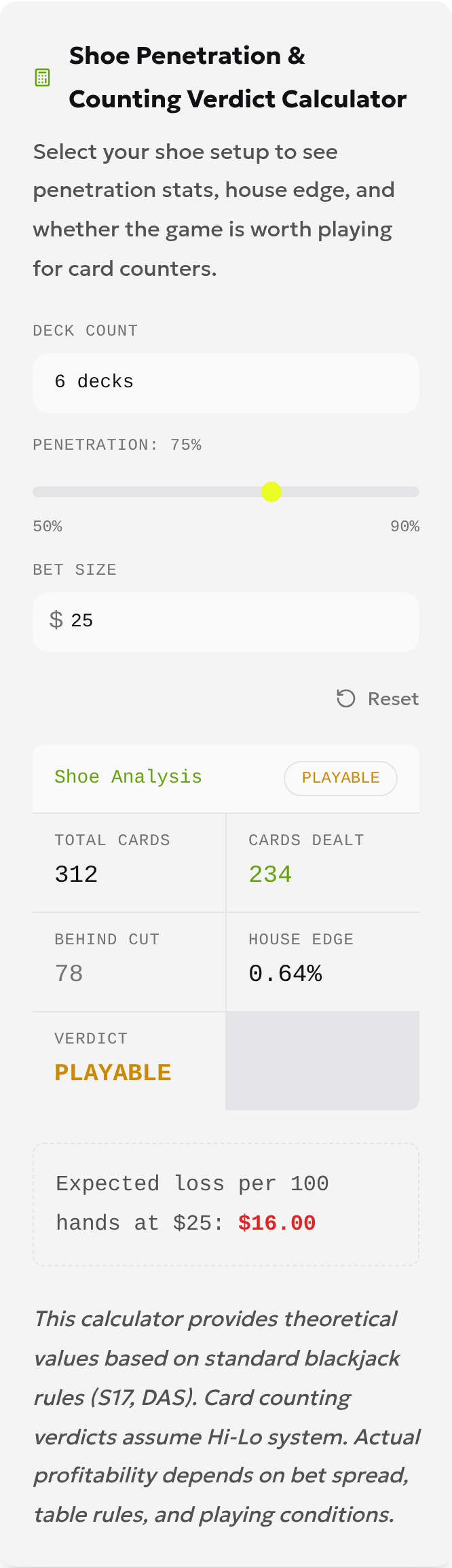 Local English calculator interface showing six decks, 75% penetration, a $25 bet and card totals of 312, 234 and 78
