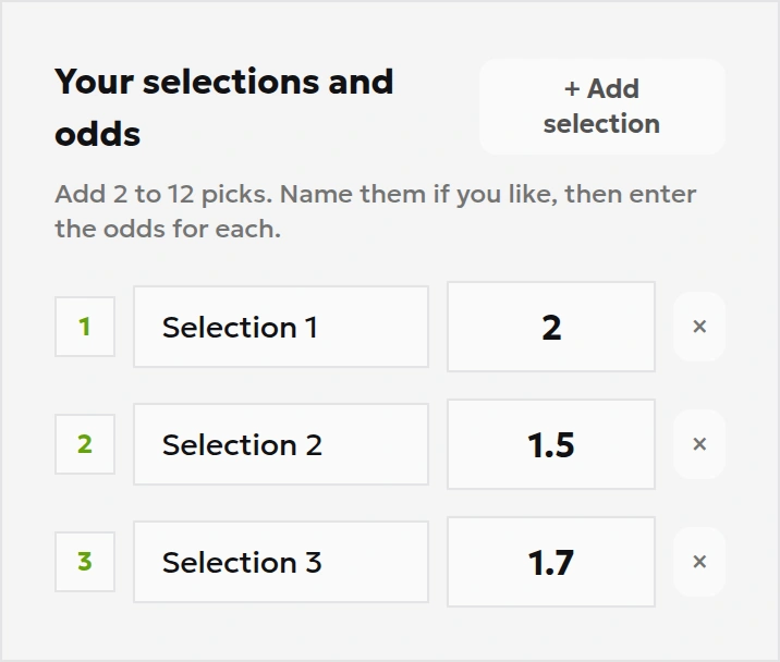 Three decimal odds inputs showing 2.00, 1.50 and 1.70