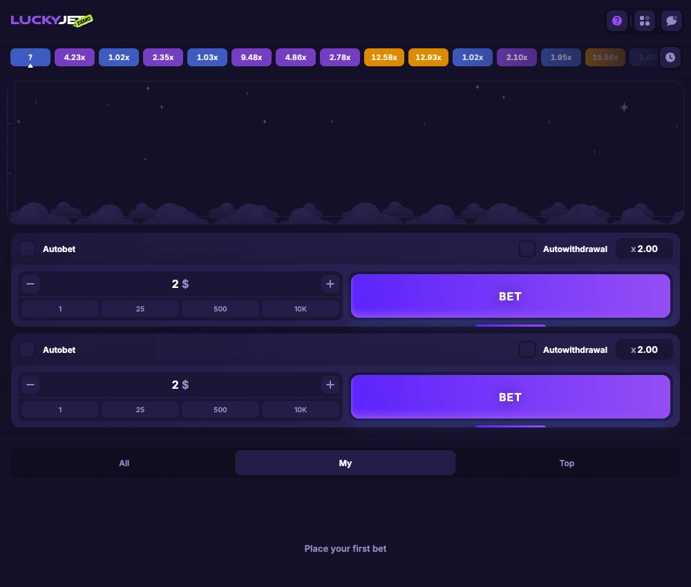 Lucky Jet demo interface in English, showing multiplier history, the live multiplier, two betting panels and the My tab
