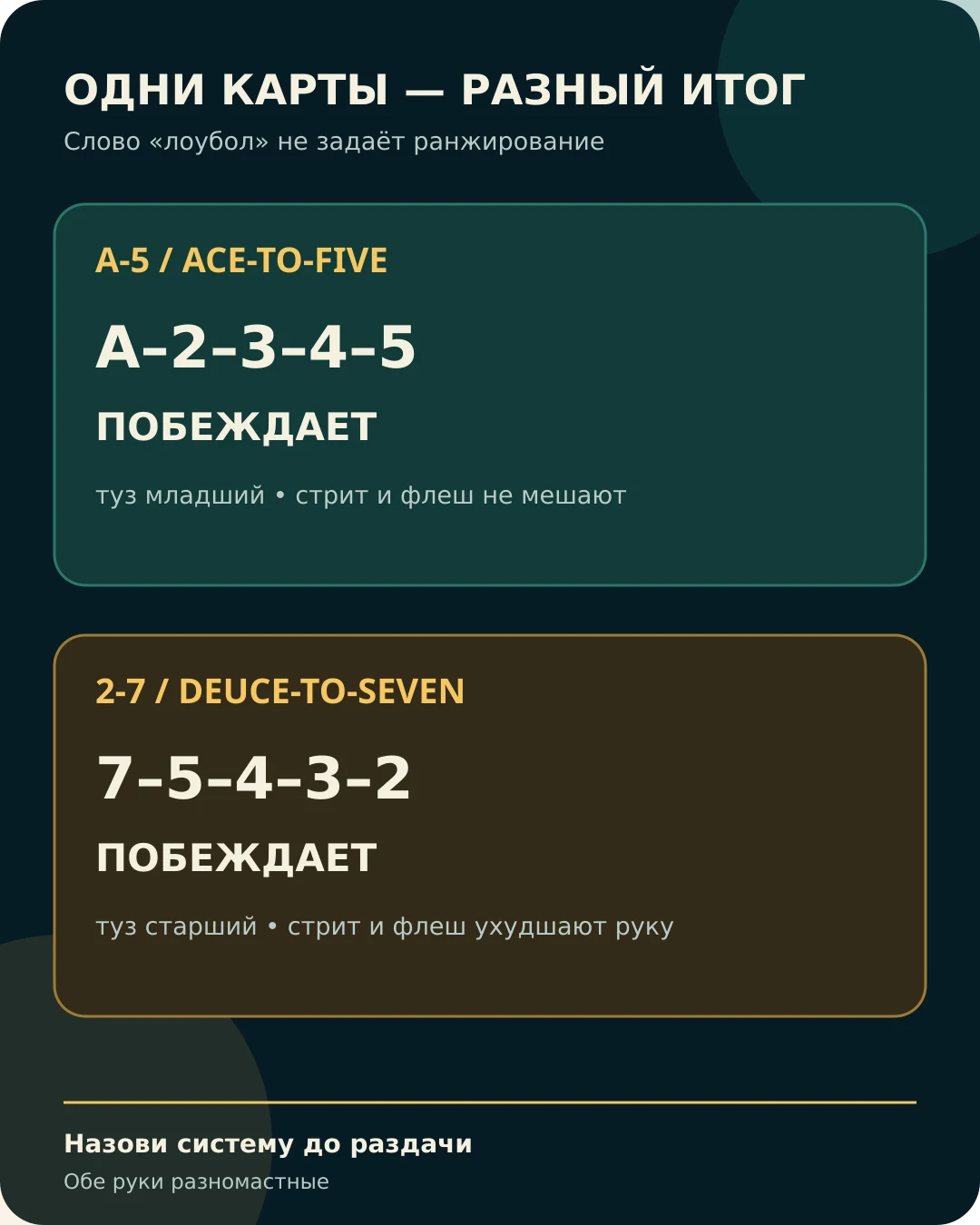 Одинаковые младшие руки дают разных победителей при ранжировании A-5 и 2-7