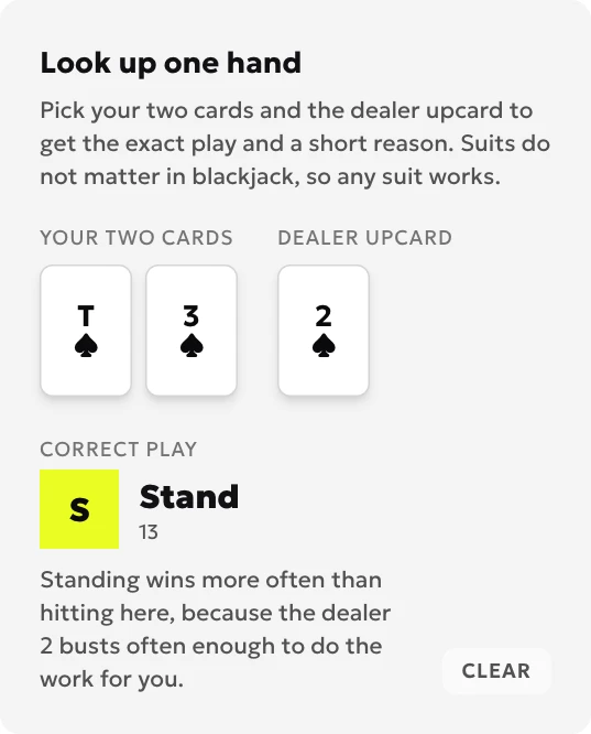 Hand lookup for T plus 3 against dealer 2 in the localized blackjack strategy calculator
