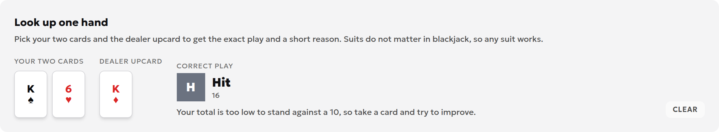 Blackjack strategy tool showing K♠ and 6♥ against K♦ with Hit as the recommended action