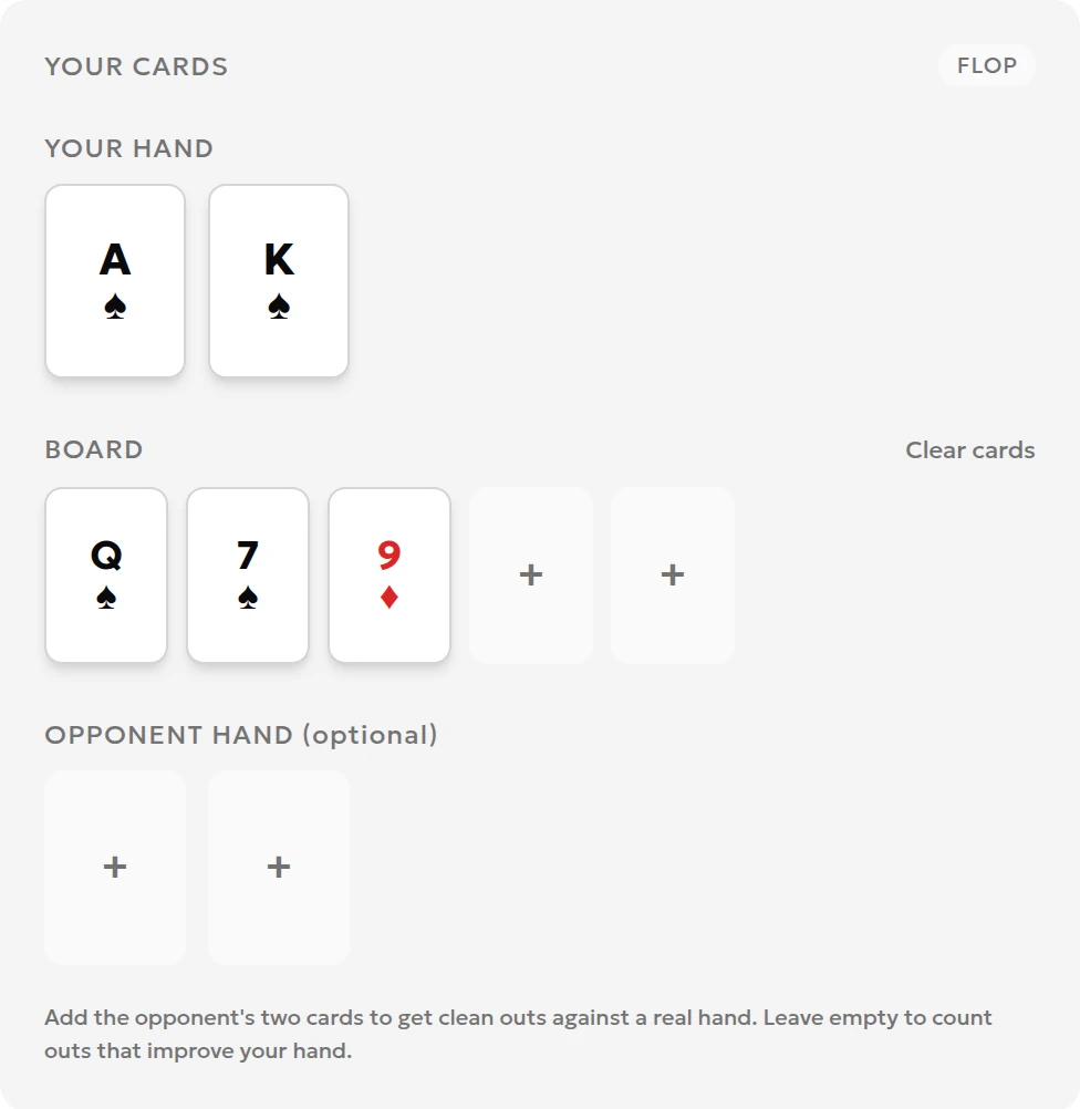 Outs calculator inputs showing A♠ K♠ and the Q♠ 7♠ 9♦ flop