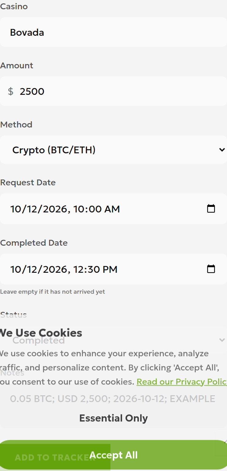 English withdrawal tracker inputs for a hypothetical Bovada payout of USD 2,500, with Crypto (BTC/ETH) selected
