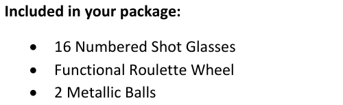 Original English EZ Drinker package excerpt showing the roulette set and shot glasses