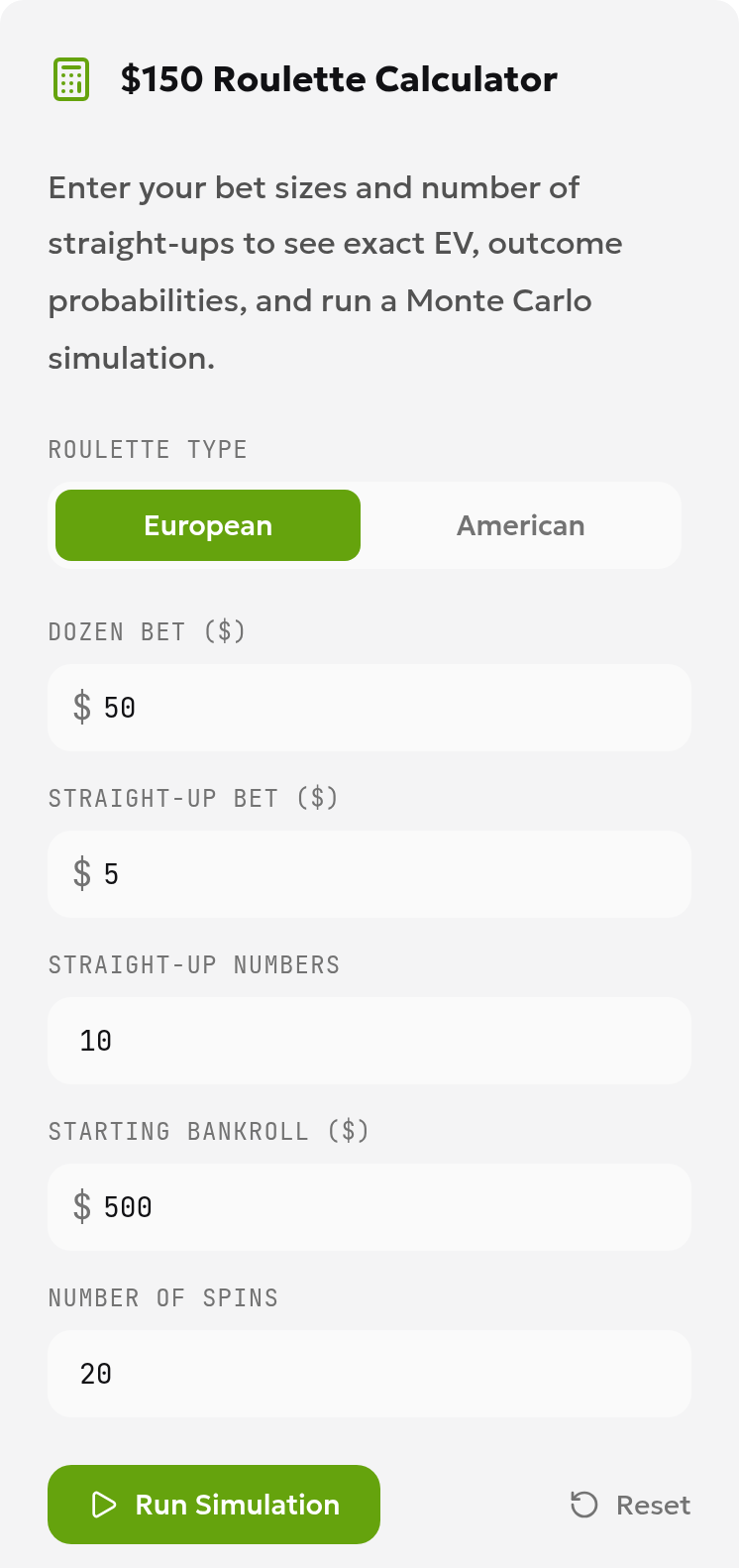 English calculator inputs showing European roulette, stakes of 50 and 5 dollars, ten straight-up numbers, a 500-dollar bankroll and 20 spins