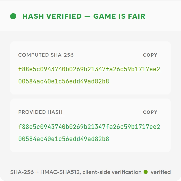 ToolsGambling result showing matching full hashes for the published BGaming payload