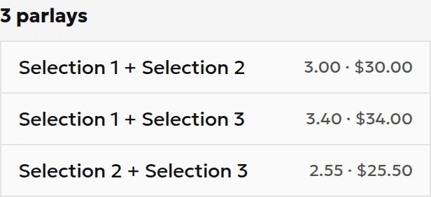 Pro view showing three combinations at odds of 3.00, 3.40 and 2.55, with conditional returns of 30, 34 and 25.50