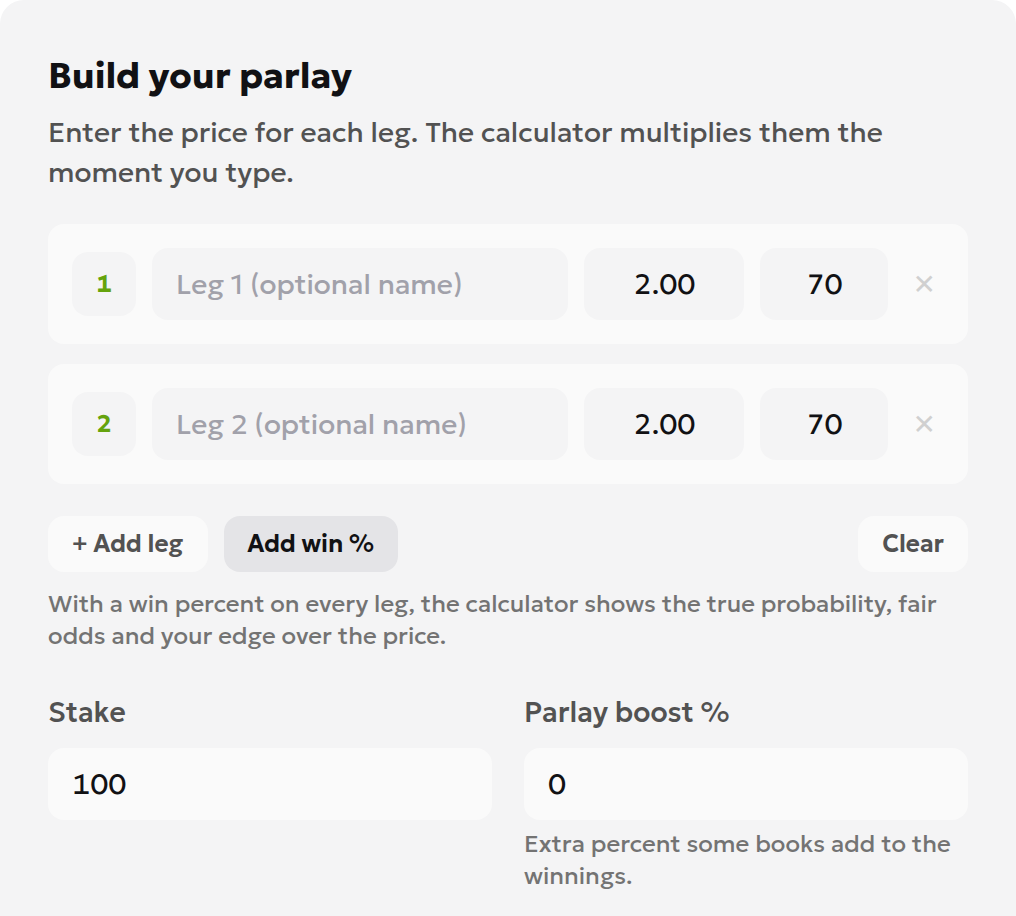 English parlay calculator inputs with two decimal odds of 2.00 and win probabilities of 70%