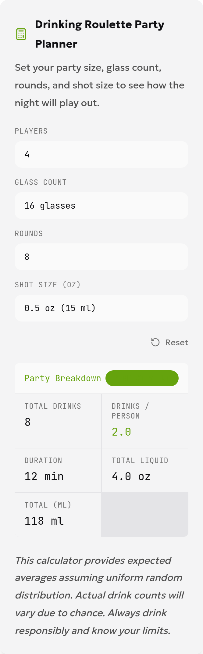 English drinking roulette planner with 4 players, 16 glasses, 8 individual spins and a 0.5 oz portion