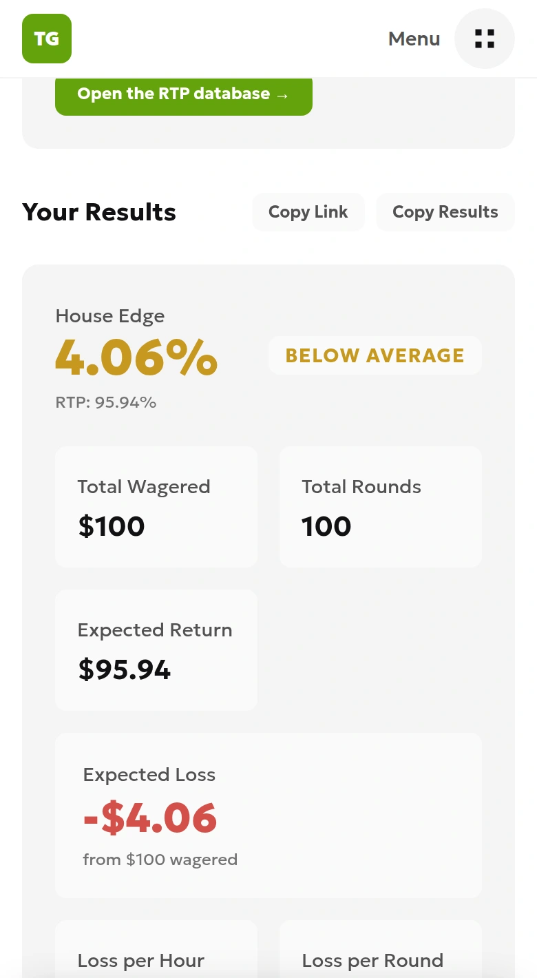Local English calculator result: house edge 4.06%, $100 total wagered, $95.94 expected return and −$4.06 expected loss
