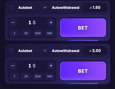 Two Lucky Jet panels configured with stake 1 at 1.50x and stake 1 at 3.00x