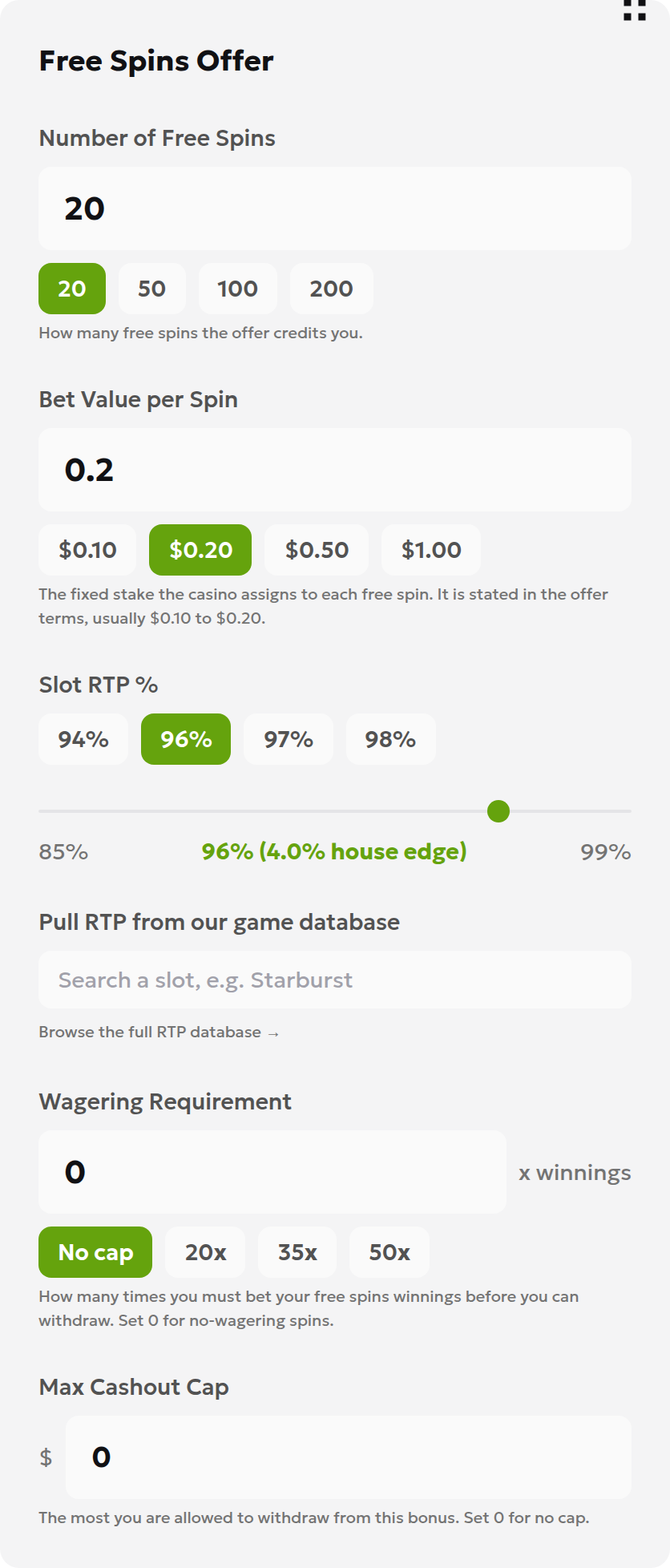 Free spins calculator controls set to 20 spins, a 0.20 dollar stake, 96% RTP, zero wagering and zero cashout cap