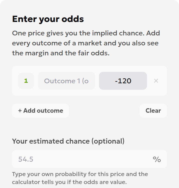 Whole-ticket odds of -120 entered in Odds for outcome 1 on the calculator’s American tab