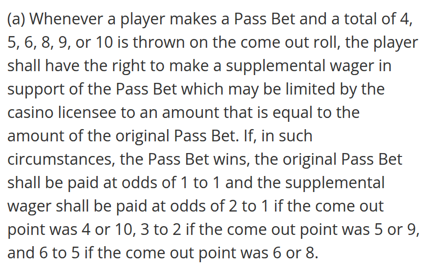 Original English paragraph (a) of the New Jersey regulation describing odds added to a Pass Bet