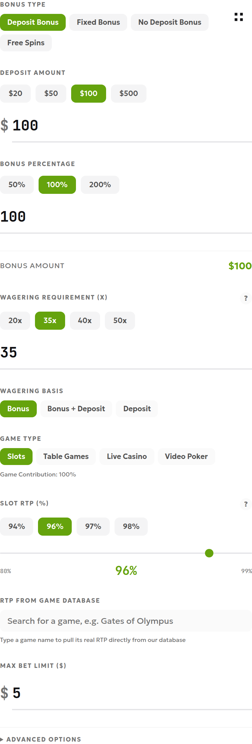 English wagering-calculator inputs for a hypothetical deposit bonus
