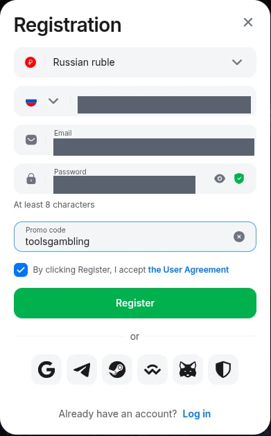 Provided English 1win registration screenshot showing currency, phone, email, password and the Promo code field containing toolsgambling