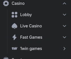 Casino navigation sections in the English-language 1win interface