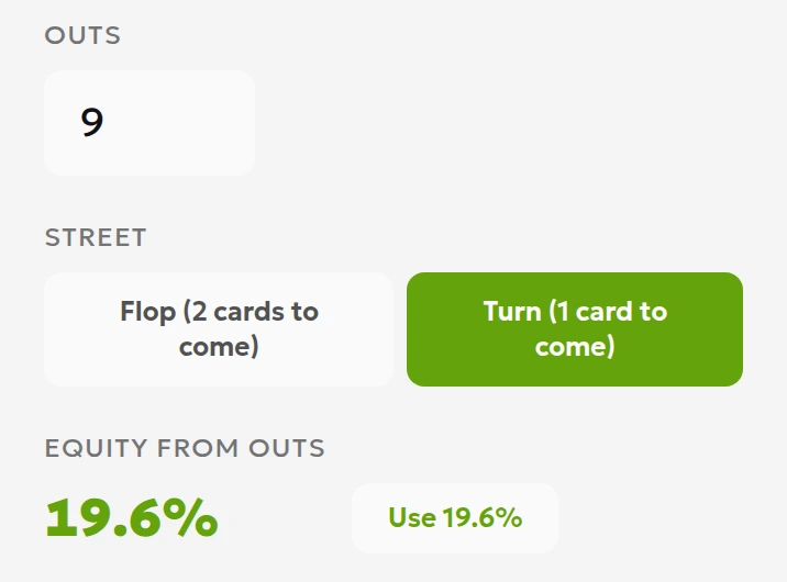 Local outs-calculator test showing nine outs on the turn and a 19.6% probability of hitting