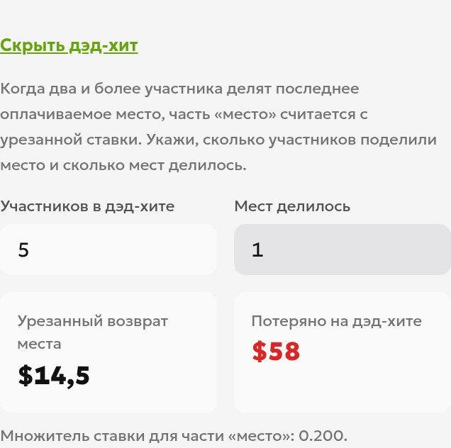 Локальная русскоязычная панель дэд-хита: пять игроков с одинаковым результатом, одно оставшееся оплачиваемое место, выплата 14.50 и уменьшение выплаты на 58.00