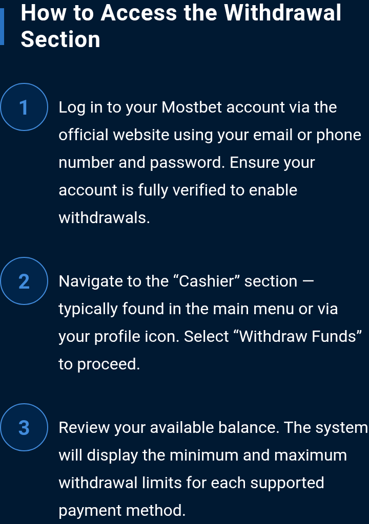 Original English excerpt from Mostbet's public instructions showing the withdrawal request procedure