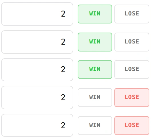 Five local calculator rows showing odds 2, three WIN results and two LOSE results