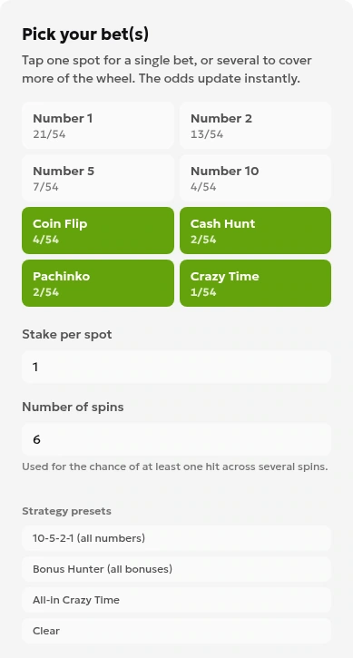 Screenshot of the Crazy Time calculator settings