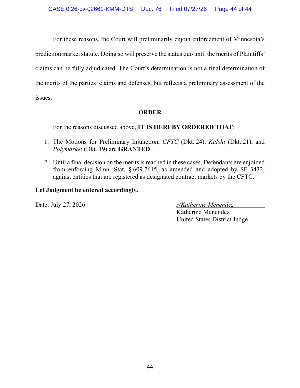 Page 44 of court Document 76, captured in English, showing the preliminary injunction