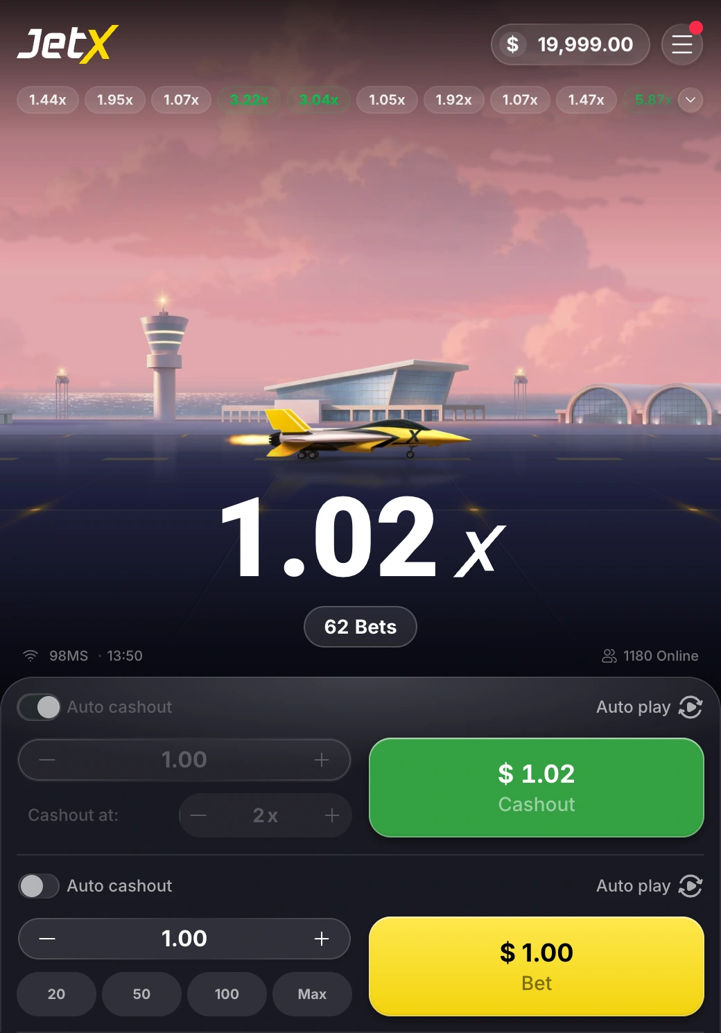 Manual Cashout control during an active JetX flight