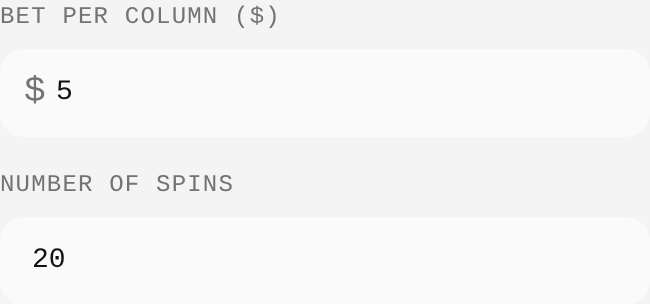 Calculator settings for the 1st and 3rd column strategy with $5 per column and 20 spins