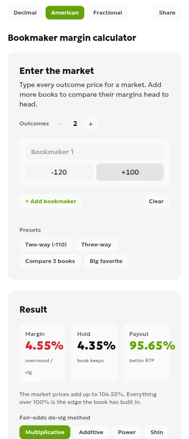 ToolsGambling English margin calculator with Atlanta −120 and Carolina +100, American odds, two outcomes, and proportional de-vig